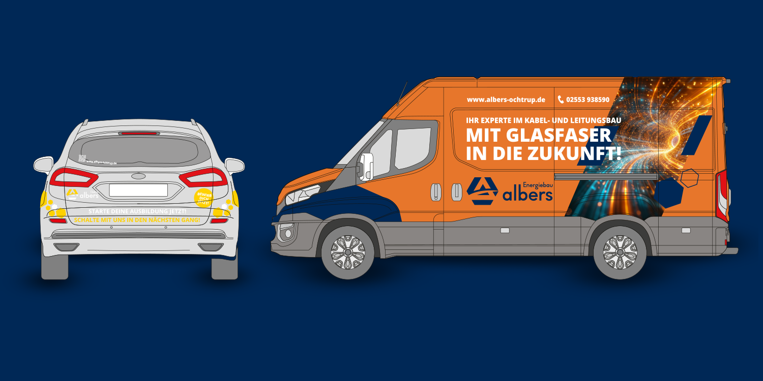 Transporter und PKW mit Glasfaser-Werbung und Albers-Branding im Seiten- und Rückblick
