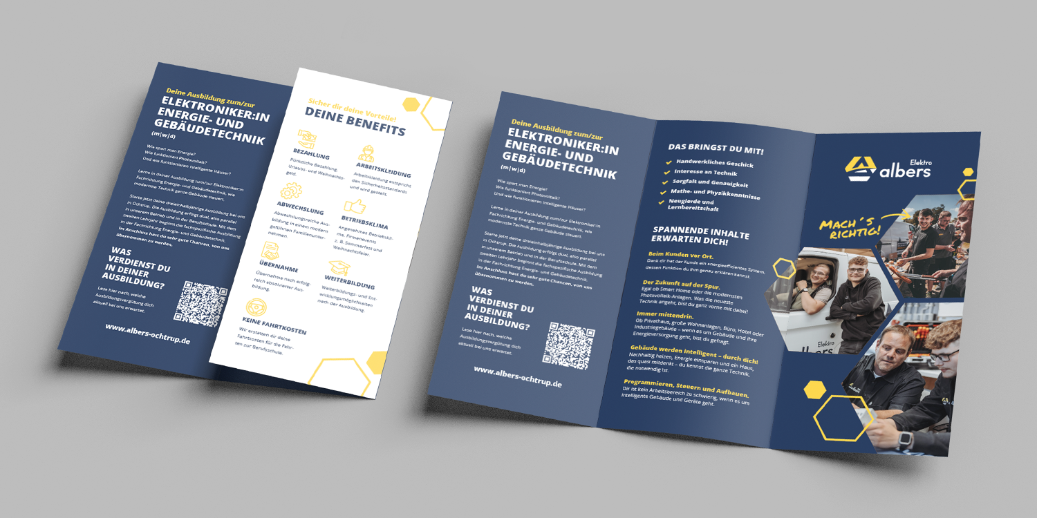 Dreifach gefalteter Flyer von Elektro Albers mit Infos zur Ausbildung und Benefits
