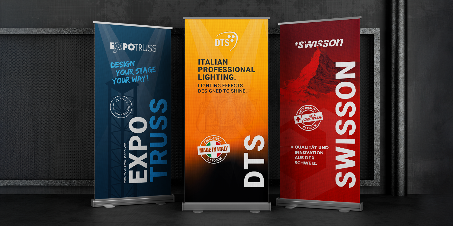 Drei Roll-Up-Banner mit Markenwerbung für Expotruss, DTS und Swisson von Focon Showtechnic