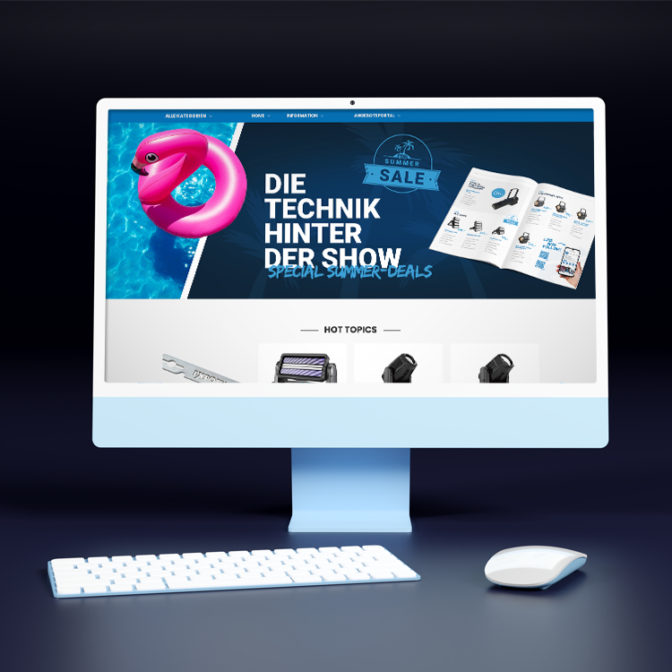 Desktop-Monitor zeigt sommerliche Landingpage von Focon Showtechnic mit Technik-Angeboten