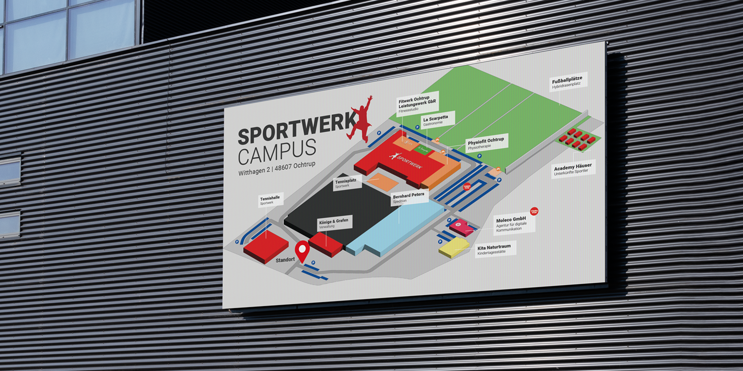 Gebäudeübersicht auf einem Plan des SPORTWERK Campus in Ochtrup an einer Hallenwand