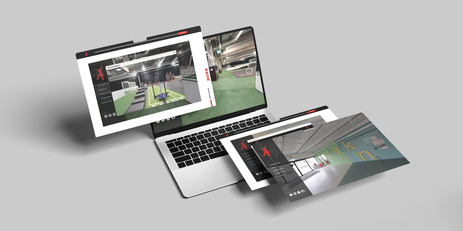 Laptop mit geöffnetem virtuellen Rundgang durch das Sportwerk Ochtrup – Innenansichten der Trainingsbereiche