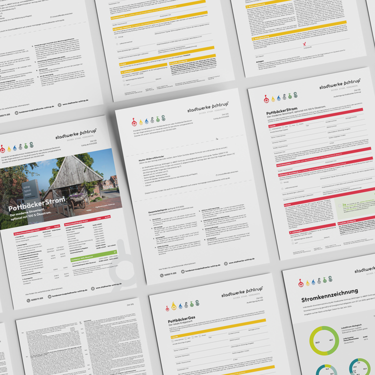 Informationsblätter der Stadtwerke Ochtrup zu Strom- und Gastarifen auf weißem Untergrund