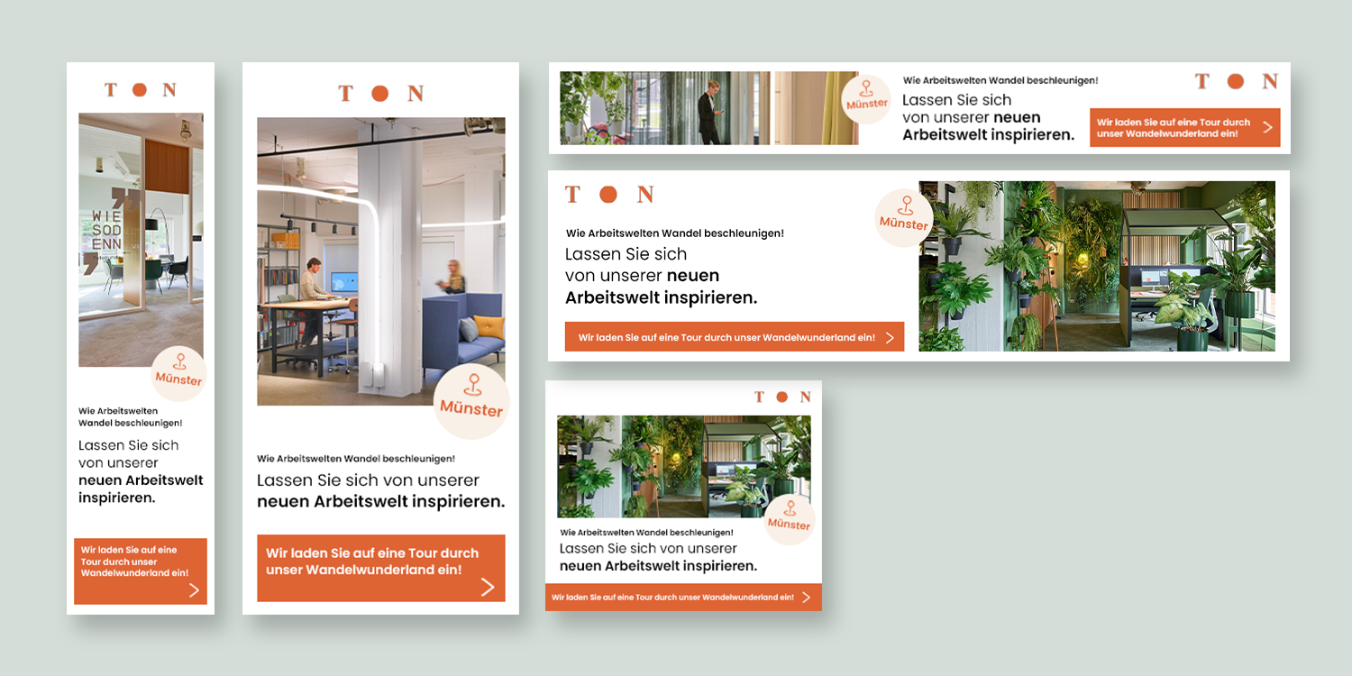 Verschiedene digitale Werbebanner mit modernen Büroszenen der neuen Arbeitswelt von TON in Münster