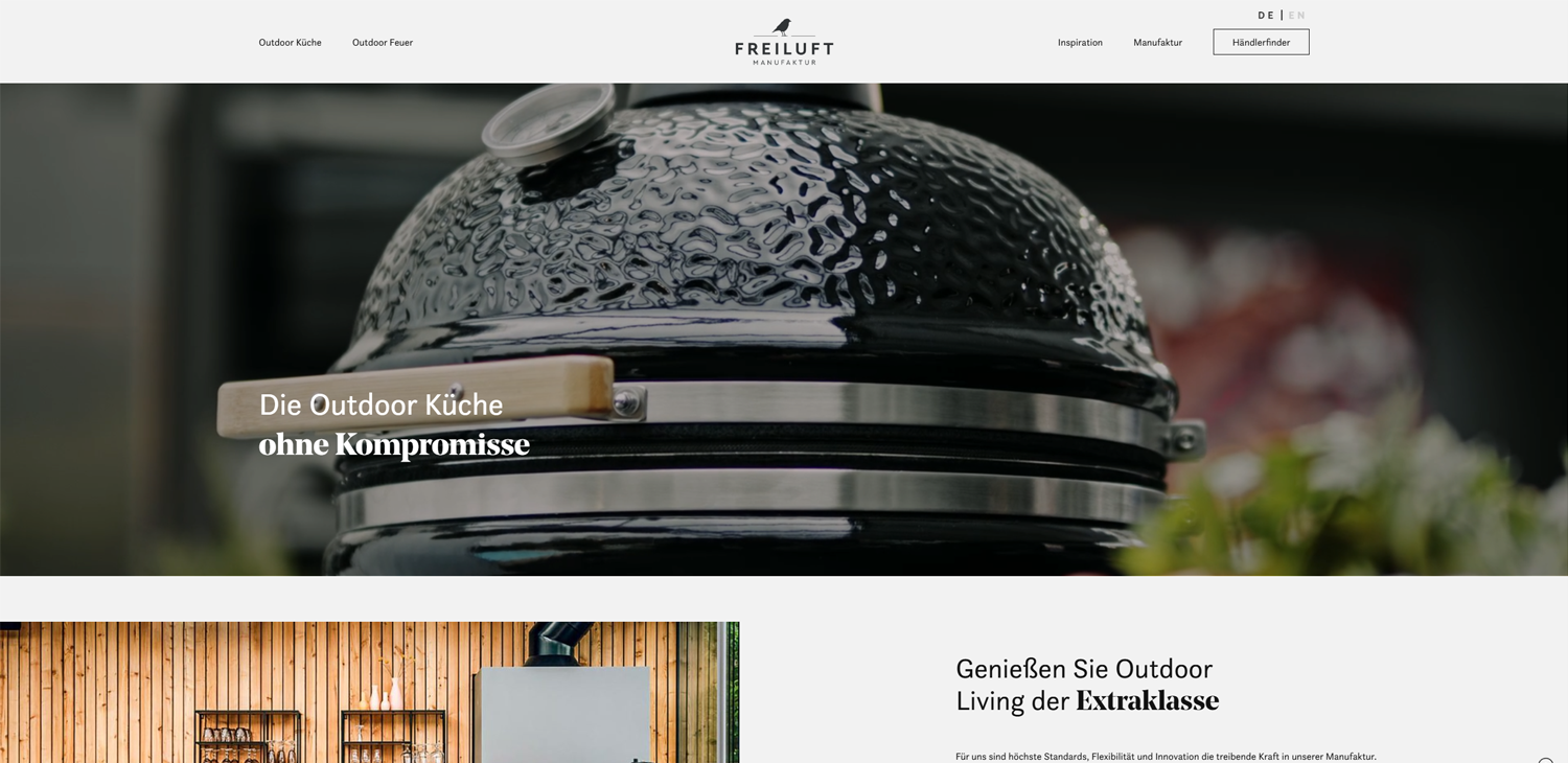 Screenshot der Freiluftküche-Webseite mit Outdoor-Küche und Slogan