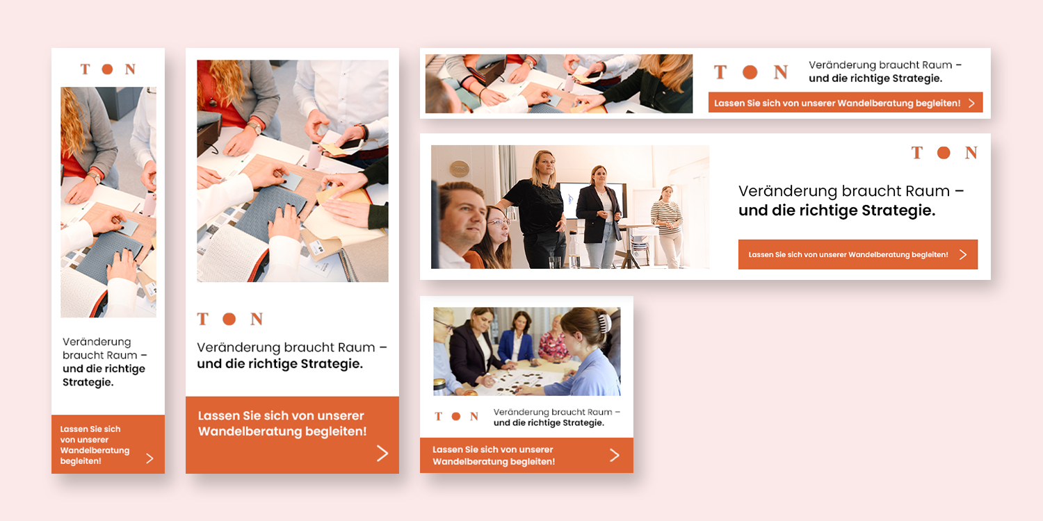 Digitale Werbebanner zur Strategieberatung von TON mit Teammeetings, Textilien und Beratungssituationen