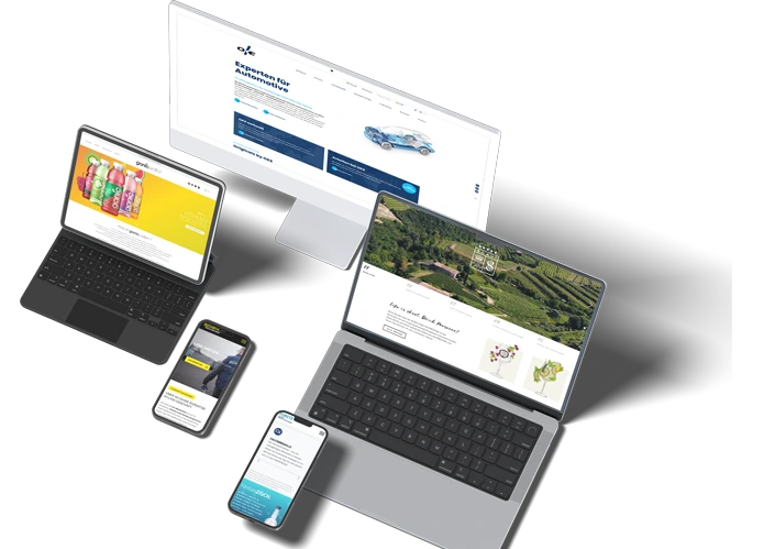 Mockupbild von Handy, Tablet und PC mit Webshops auf dem Bildschirm